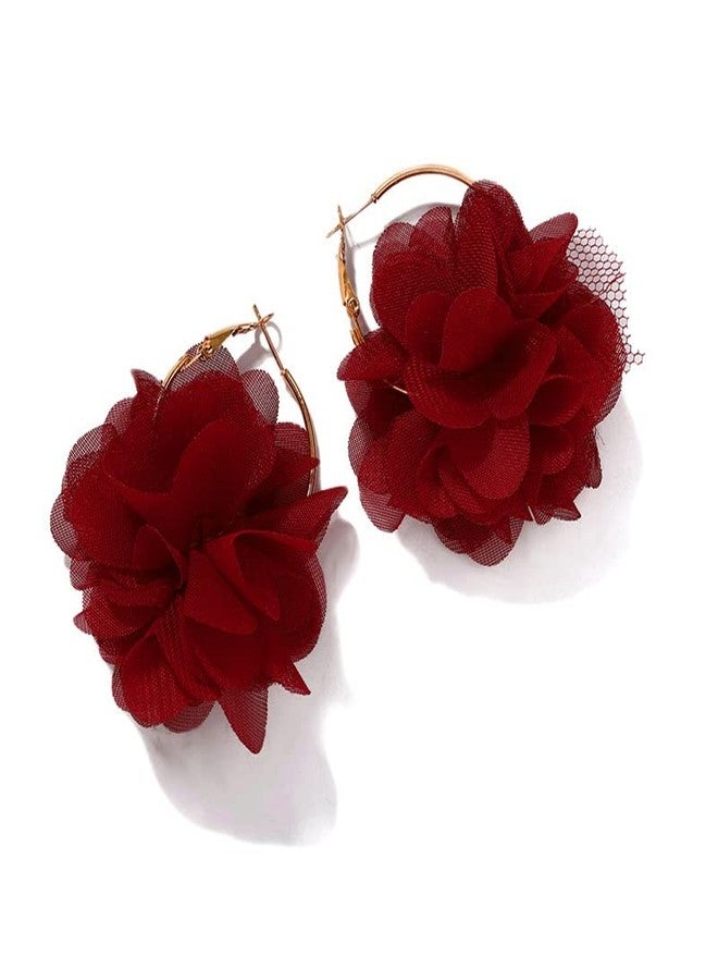 POYAMUSE Elegant Flower Petal Drop Earrings for Women - Chiffon Floral Hoop Earrings, Red/Pink/Burgundy Earrings - Flower Statement Earrings for Women - Burgundy - Image 2